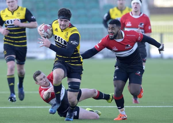 Melrose back row Ally Miller makes a break with Scott Peffers and Kyle Rowe of Hawks in pursuit at Scotstoun. Picture: Neil Hanna