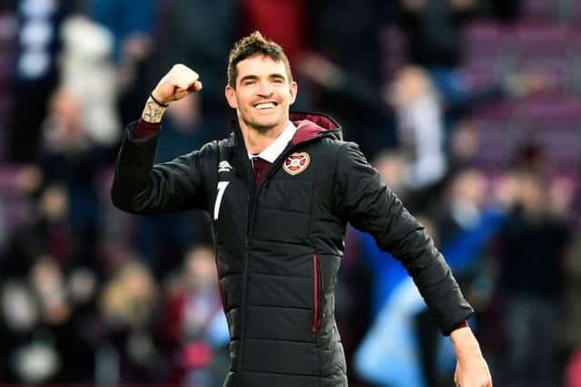 Hearts striker Kyle Lafferty celebrates after the final whistle. Picture: Ian Rutherford/PA