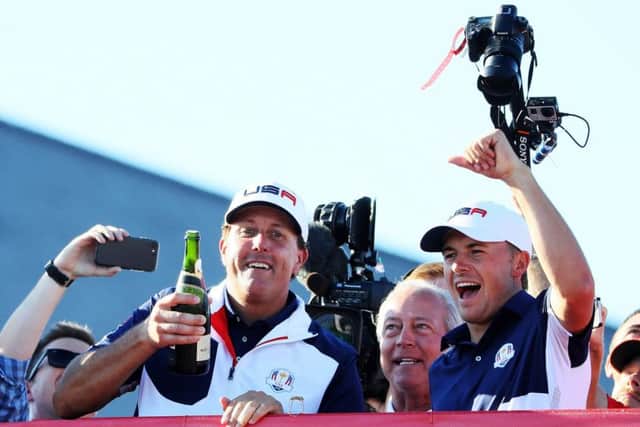 Phil Mickelson and Jordan Spieth celebrate the United States' Ryder Cup triumph at Hazeltine in 2016. Picture: Andrew Redington/Getty Images