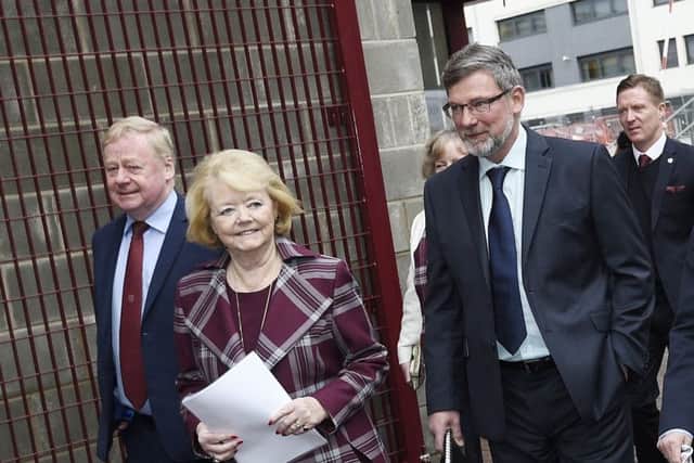 Ann Budge and Craig Levein arrive at Tynecastle for the annual meeting.
