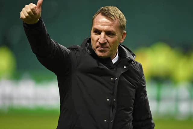 Celtic manager Brendan Rodgers gives fans the thumbs-up after the 2-0 win over Partick. Picture: Rob Casey/SNS