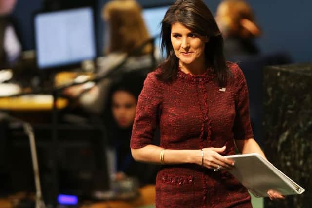 Nikki Haley, United States Ambassador to the United Nations, prepares to speak on the floor of the General Assembly. (Photo by Spencer Platt/Getty Images)