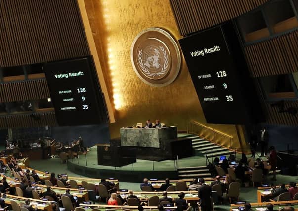 The voting results are displayed on the floor of the United Nations General Assembly in which the United States declaration of Jerusalem as Israel's capital was declared "null and void". (Photo by Spencer Platt/Getty Images)