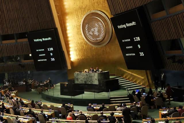 The voting results are displayed on the floor of the United Nations General Assembly in which the United States declaration of Jerusalem as Israel's capital was declared "null and void".  (Photo by Spencer Platt/Getty Images)