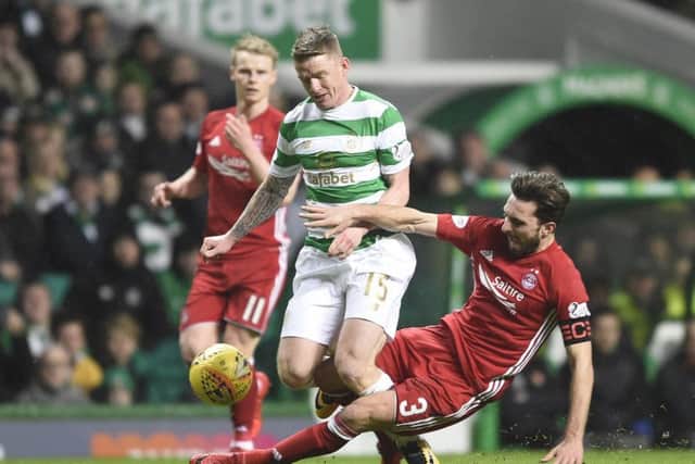 Celtic's Jonathan Hayes is tackled by Aberdeen's Aberdeen's Graeme Shinnie. Picture: Ian Rutherford/PA Wire