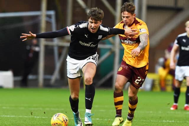 Dundee's Jack Hendry holds off Motherwell's Craig Tanner. Picture: SNS/Paul Devlin