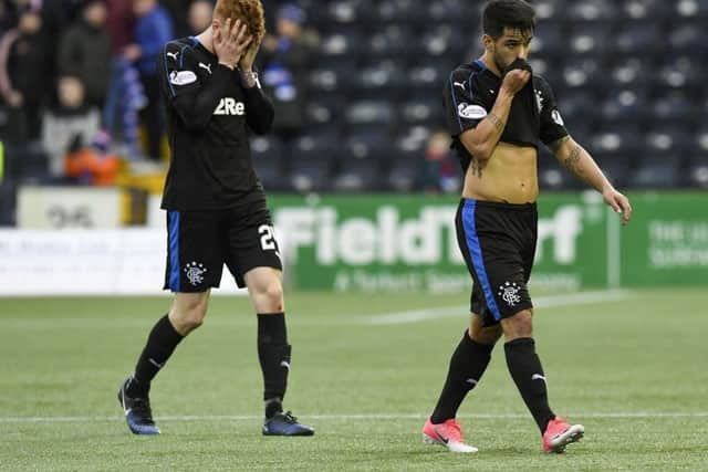 Dejection for Rangers' David Bates, left, and Daniel Candeias after the defeat at Kilmarnock. Picture: Craig Foy/SNS