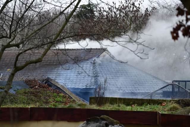 Smoke rises from the Adventure cafe and shop near the Meerkat enclosure at London Zoo following a fire on Saturday. Picture: Dominic Lipinski/PA Wire