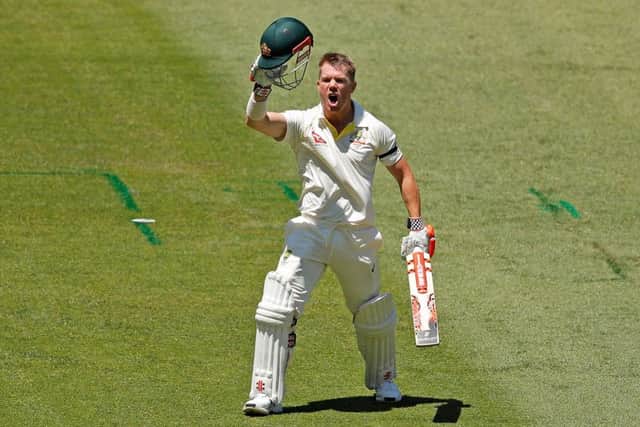 David Warner celebrates after reaching his century during day one of the Fourth Test. Picture: Getty Images