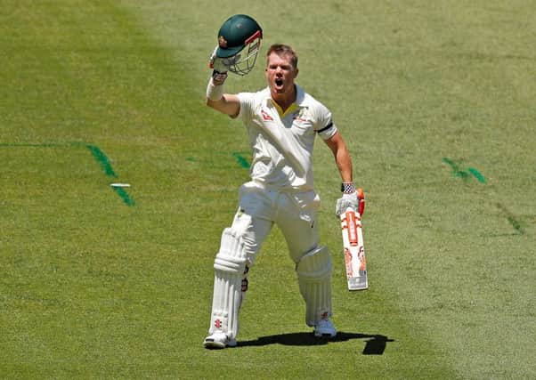 David Warner celebrates after reaching his century during day one of the Fourth Test. Picture: Getty Images
