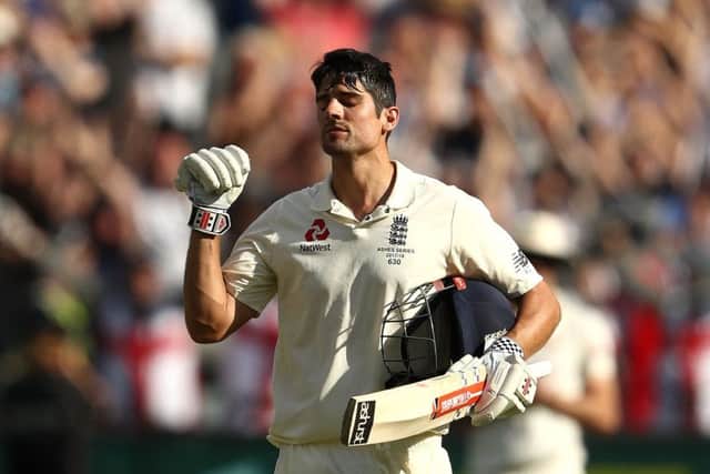 Alastair Cook celebrates after reaching his century. Picture: Getty Images