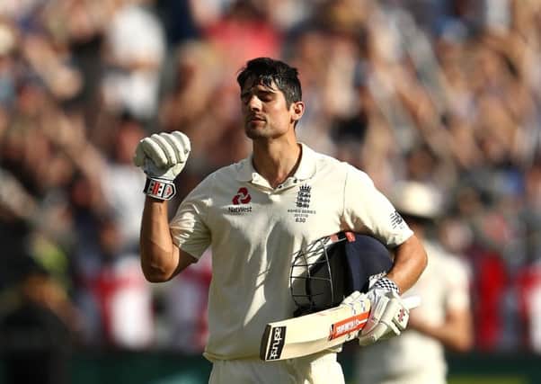 Alastair Cook celebrates after reaching his century. Picture: Getty Images