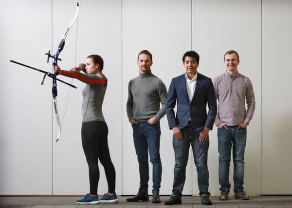 From left, international archery athlete Fiona Inglis in PlayerData Edge gear, with Mike Welch, Roy Hotrabhvanon and Hayden Ball. 
Photograph: Stewart Attwood