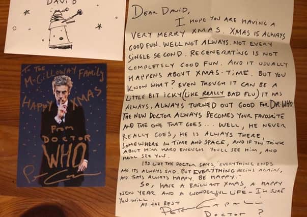 The letter sent to nine year old David McGilloway by the former Doctor Who actor Peter Capaldi, Picture: Brian McGilloway/PA Wire