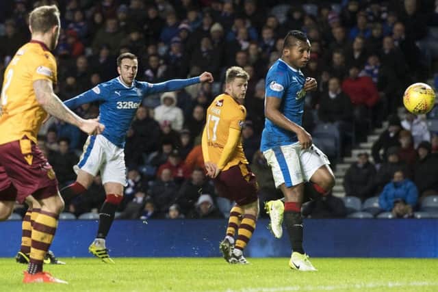 Rangers defender Danny Wilson scores to make it 1-0. Picture: SNS