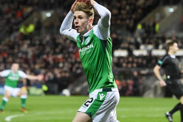 Hibernian's Oli Shaw turns in disbelief as his seventh-minute goal is not given.