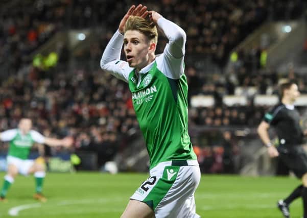 Hibernian's Oli Shaw turns in disbelief as his seventh-minute goal is not given.