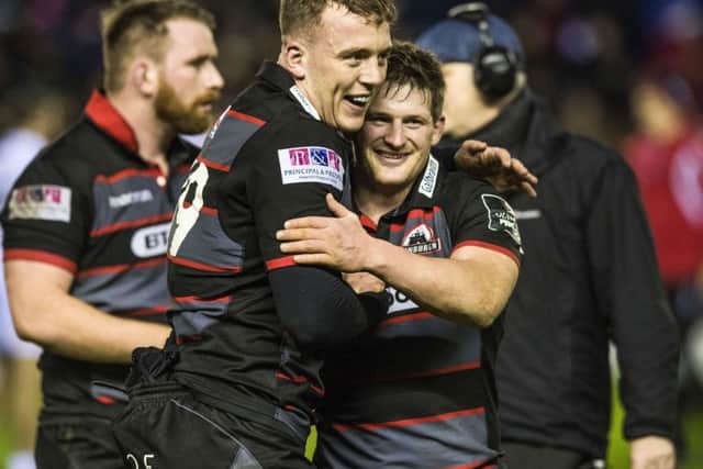Fraser McKenzie (left) and James Johnstone celebrate at full-time after last week's 1872 Cup win over Glasgow. Picture: SNS Group