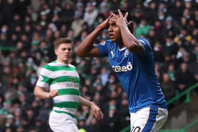 Alfredo Morelos reacts after Craig Gordon made a superb save to deny the striker. Picture: Getty