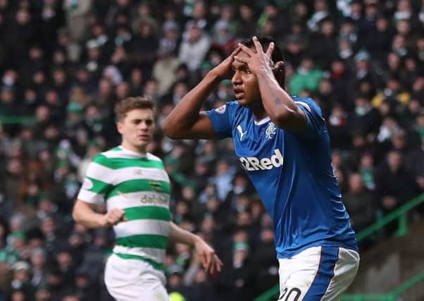 Alfredo Morelos reacts after Craig Gordon made a superb save to deny the striker. Picture: Getty