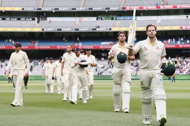 Australia captain Steve Smith, right, and Mitchell Marsh walk off after the fourth Test ended in a draw. Picture: Michael Dodge/Getty