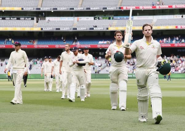 Australia captain Steve Smith, right, and Mitchell Marsh walk off after the fourth Test ended in a draw. Picture: Michael Dodge/Getty