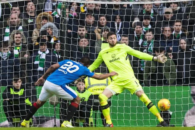Celtic goalkeeper Craig Gordon makes a crucial stop to deny Rangers Alfredo Morelos. Picture: Alan Harvey/SNS