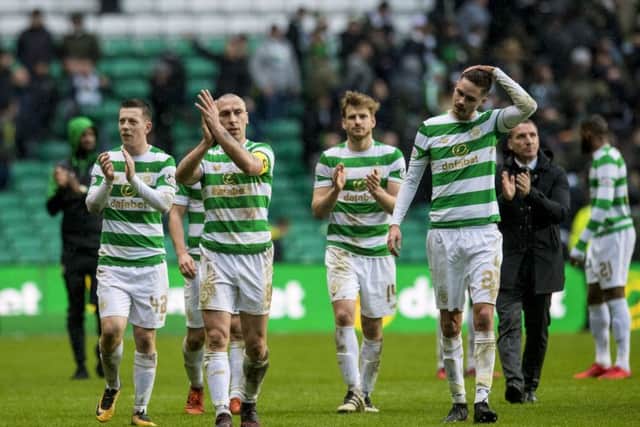 Celtic captain Scott Brown and his team-mates, who now have a week off, applaud the fans after yesterdays Old Firm derby stalemate. Picture: Craig Williamson/SNS