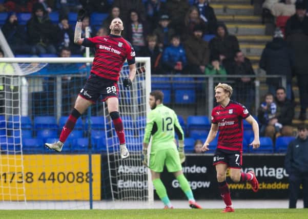 Marcus Haber celebrates after opening the scoring at McDiarmid Park. Picture: SNS