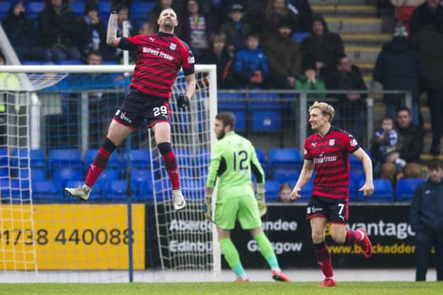 Marcus Haber celebrates after opening the scoring at McDiarmid Park. Picture: SNS