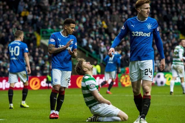 Celtic midfielder Stuart Armstrong is frustrated as a chance goes begging against Rangers. Picture: SNS