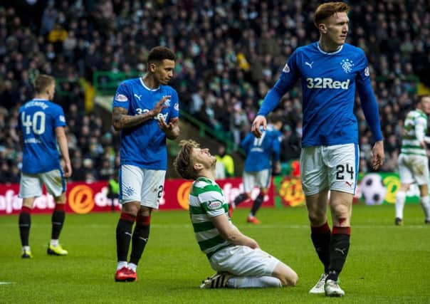 Celtic midfielder Stuart Armstrong is frustrated as a chance goes begging against Rangers. Picture: SNS
