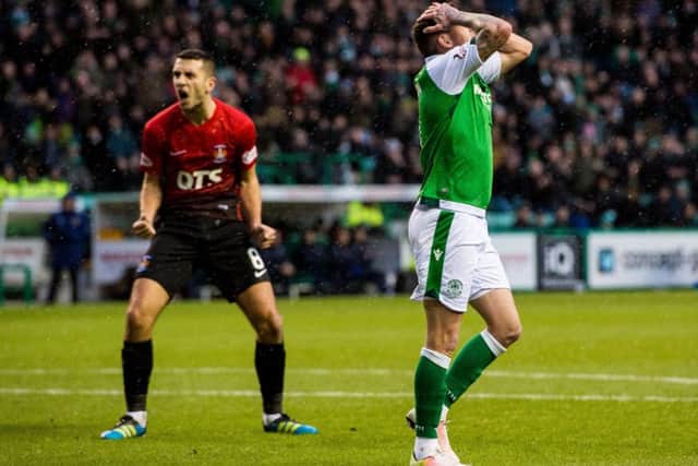 Hibernian midfielder Danny Swanson holds his head in his hands after missing a chance during Saturdays 1-1 draw with Kilmarnock. Picture: SNS.