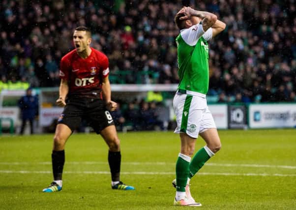 Hibernian midfielder Danny Swanson holds his head in his hands after missing a chance during Saturdays 1-1 draw with Kilmarnock. Picture: SNS.