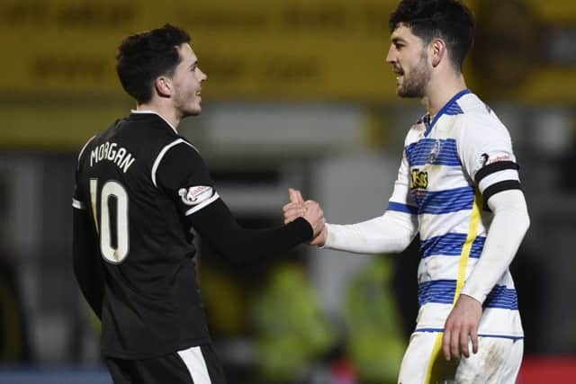 St Mirren's Lewis Morgan, left, with fellow goalscorer Thomas O'Ware of Morton at full time. Picture: Rob Casey/SNS