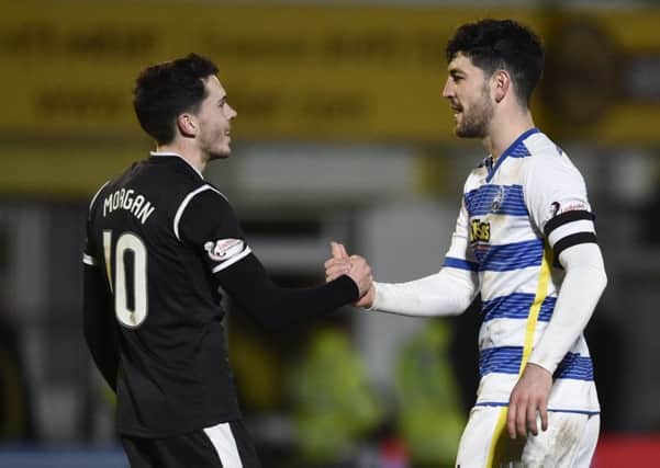 St Mirren's Lewis Morgan, left, with fellow goalscorer Thomas O'Ware of Morton at full time. Picture: Rob Casey/SNS
