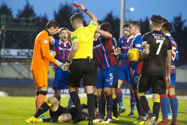 Inverness' Iain Vigurs is sent off for a high boot on Dylan Mackin of Livingston. Picture: Alan Harvey/SNS
