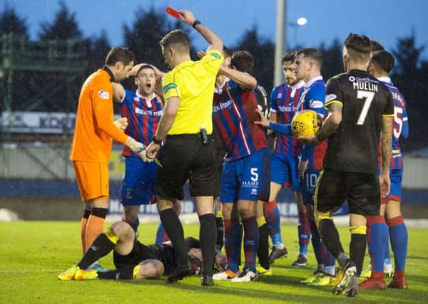 Inverness' Iain Vigurs is sent off for a high boot on Dylan Mackin of Livingston. Picture: Alan Harvey/SNS