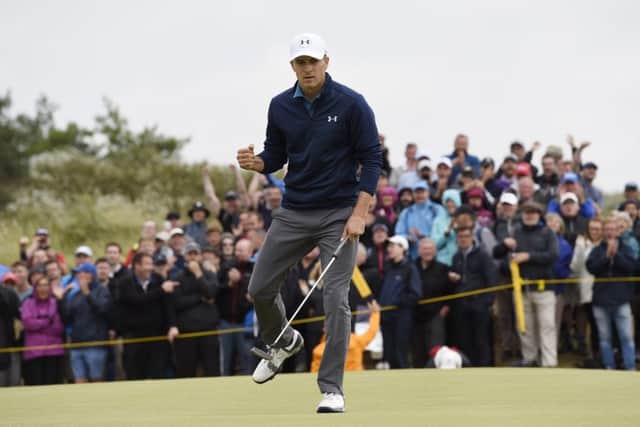 Jordan Spieth celebrates on the 16th after his birdie putt during the final round of the Open at Royal Birkdale. Picture: Ian Rutherford