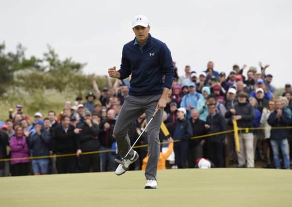 Jordan Spieth celebrates on the 16th after his birdie putt during the final round of the Open at Royal Birkdale. Picture: Ian Rutherford