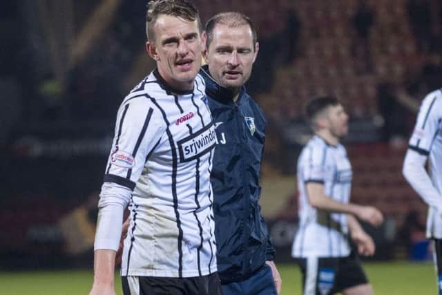 Dunfermline's Dean Shiels with manager Allan Johnston at full time. Picture: Bill Murray/SNS