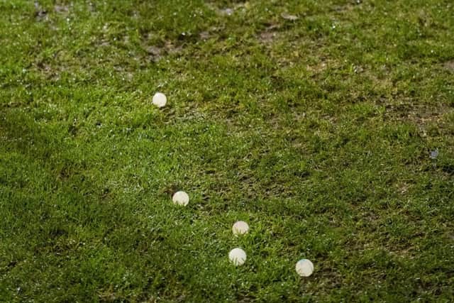 Rubber eyeballs lie scattered on the East End Park pitch during Tuesday's Dunfermline v Falkirk match. Picture: Bill Murray/SNS