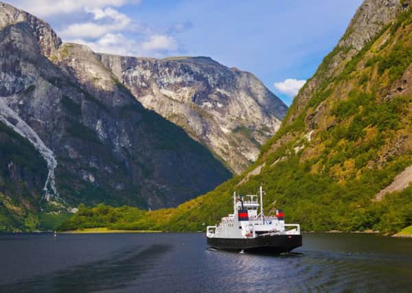 A ferry enters Sognefjord in Norway
