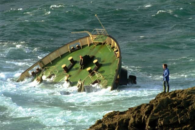 The Braer oil tanker's prow is beaten by the waves as she sinks after discharging her cargo at Quendale Bay and the surrounding Shetland coastline in January 1993. Picture: Ian Rutherford/TSPL