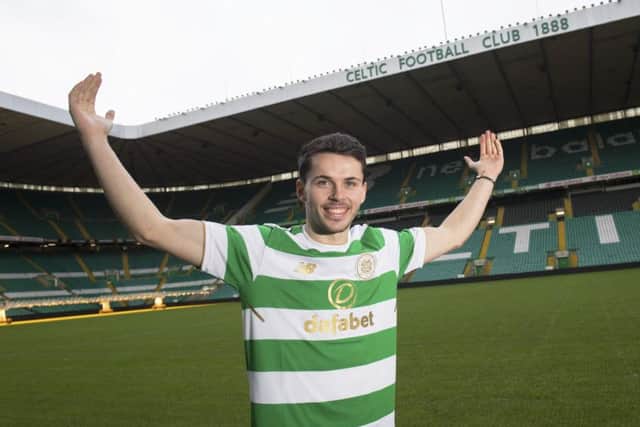 Lewis Morgan is unveiled at Celtic Park where he will play his football next season after finishing the current campaign with St Mirren. Picture: SNS.