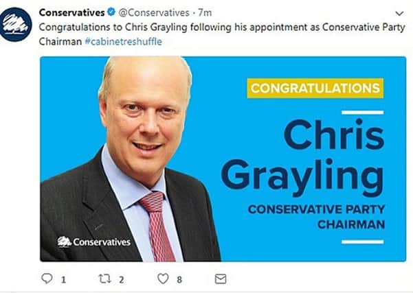 In a social media blunder, Chris Grayling became chairman of the Conservative Party - for less than a minute.