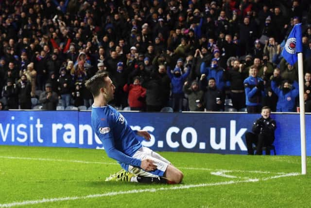 Danny Wilson celebrates opening the scoring in Rangers' win over Motherwell. Picture: SNS