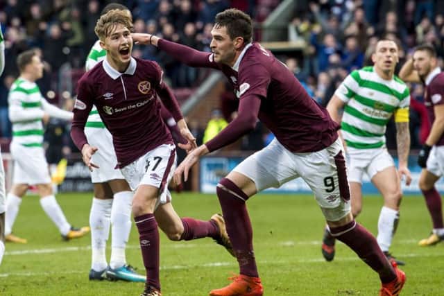 Hearts' Harry Cochrane (left) celebrates his goal against Celtic with Kyle Lafferty. Picture: SNS
