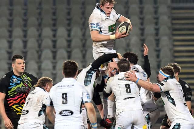Jonny Gray rises to grab possession at a lineout during Glasgow Warriors victory over Zebre on Saturday. Picture: Rex/Shutterstock