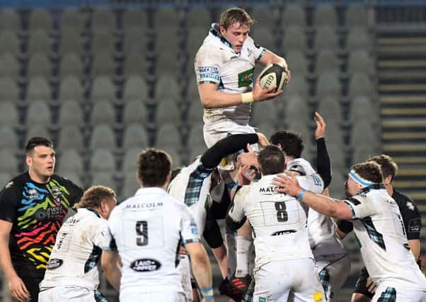 Jonny Gray rises to grab possession at a lineout during Glasgow Warriors victory over Zebre on Saturday. Picture: Rex/Shutterstock